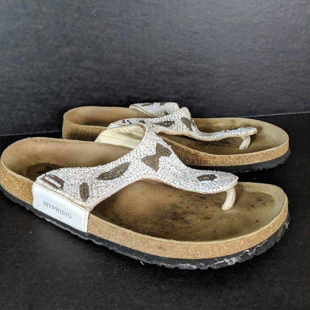 Mephisto Imelda Beaded Sandal Women Size 37 US 7 White Gray Bow Tie Flip Flop